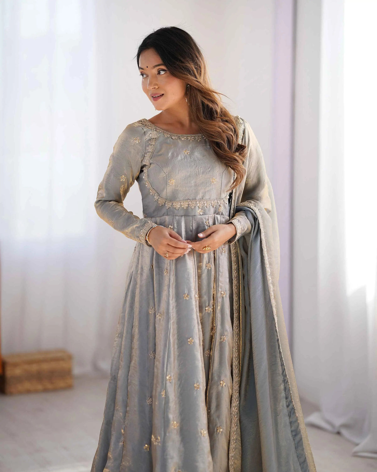 Silver Grey Cording Sequins Embroidery Work Designer Gown With Dupatta
