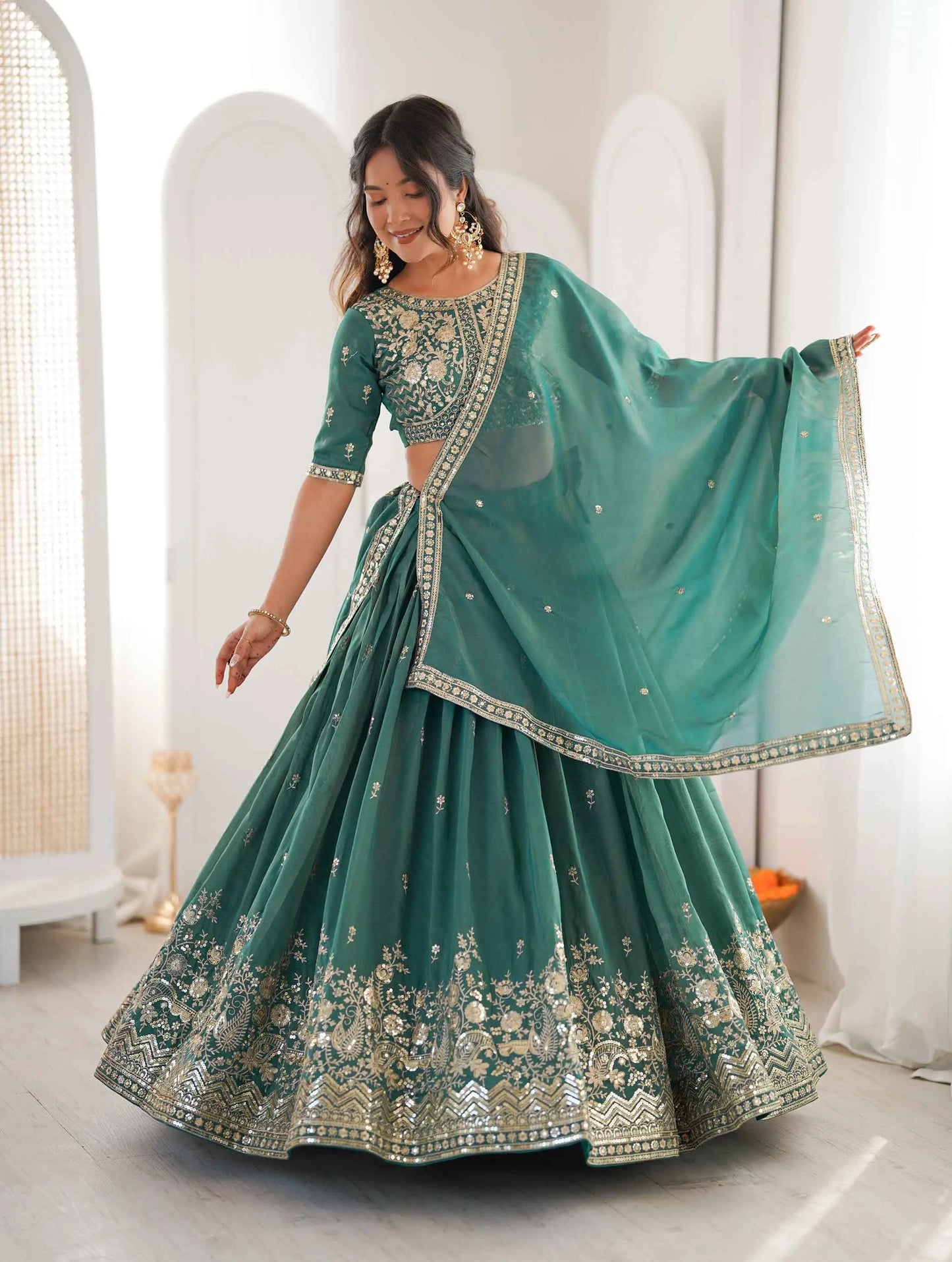 Teal Blue Sequins Embroidery Lehenga Choli