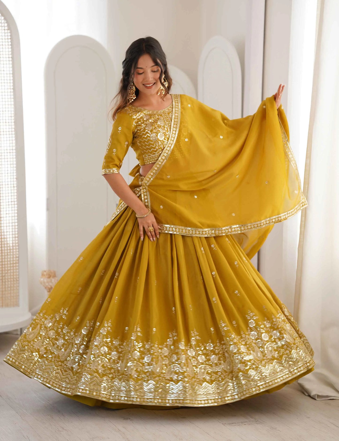 Yellow Sequins Embroidery Lehenga Choli