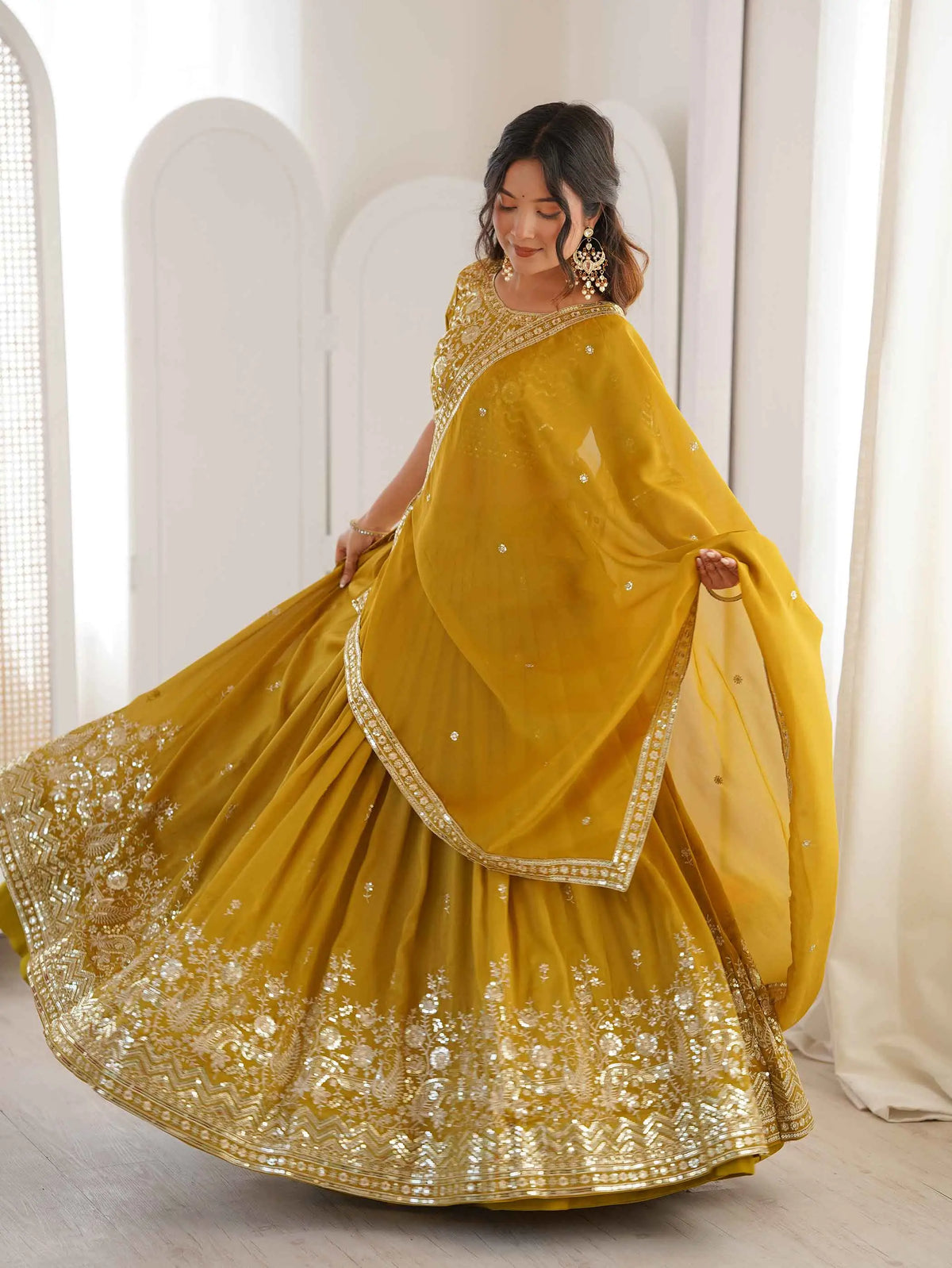 Yellow Sequins Embroidery Lehenga Choli