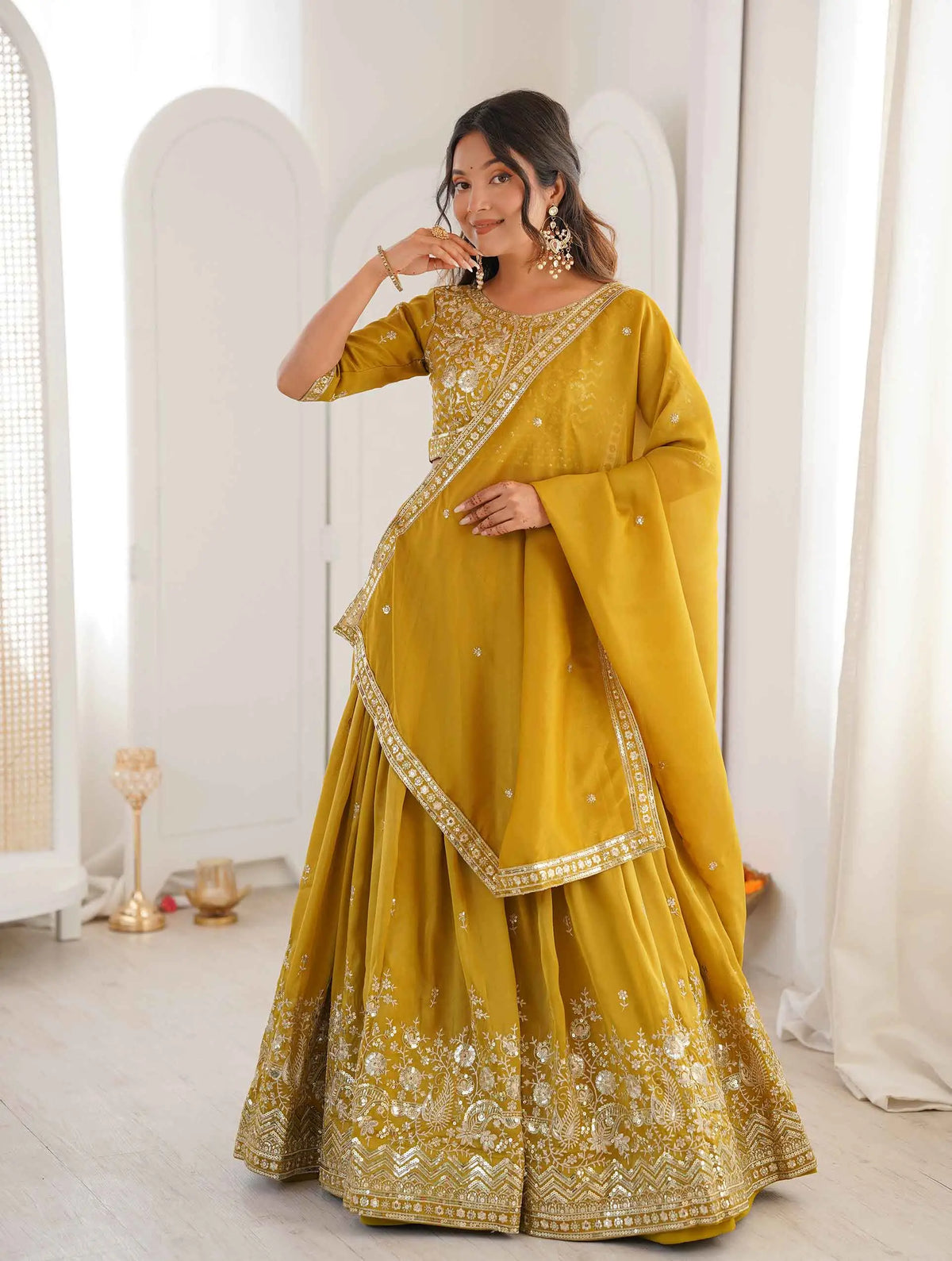 Yellow Sequins Embroidery Lehenga Choli