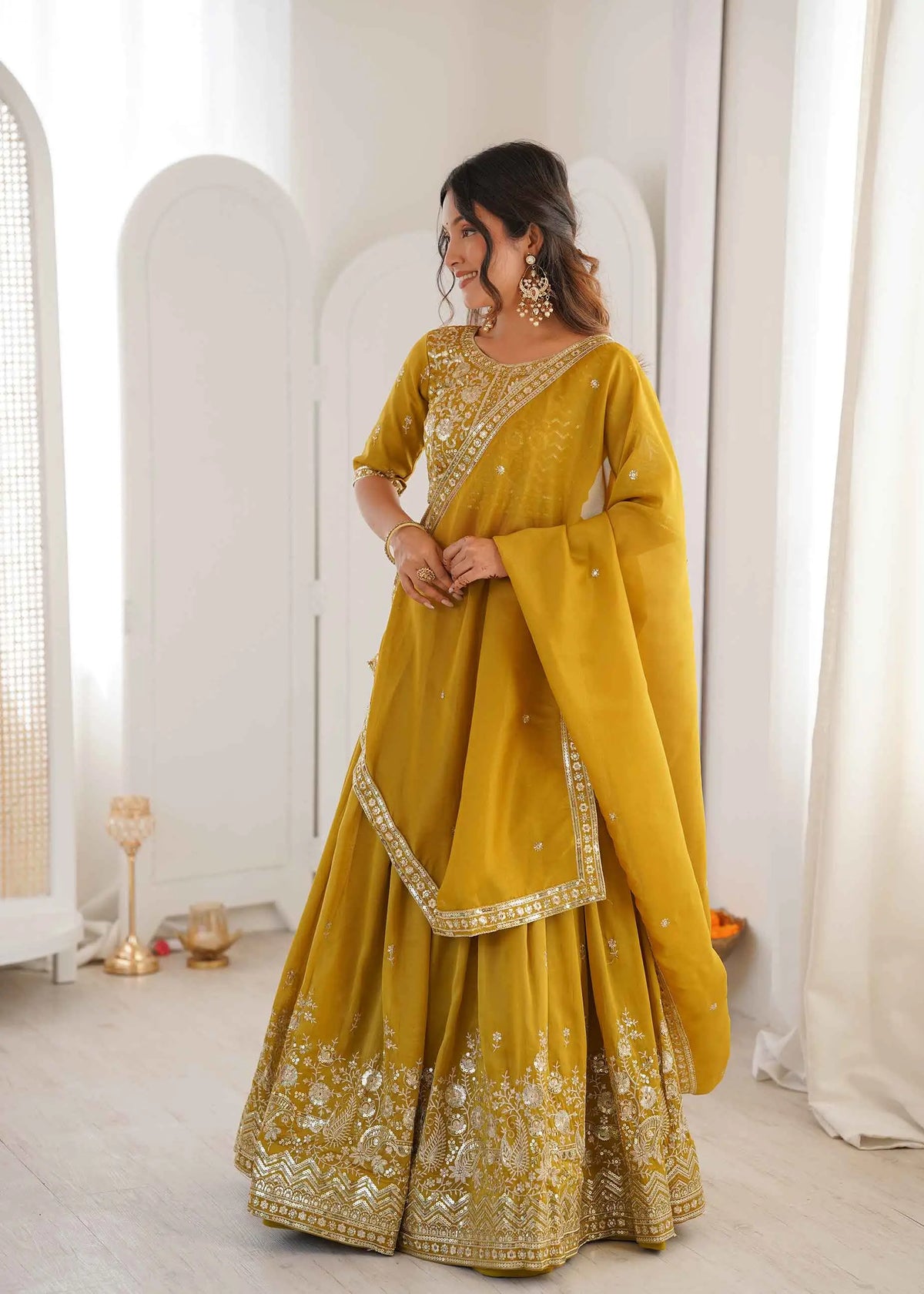 Yellow Sequins Embroidery Lehenga Choli