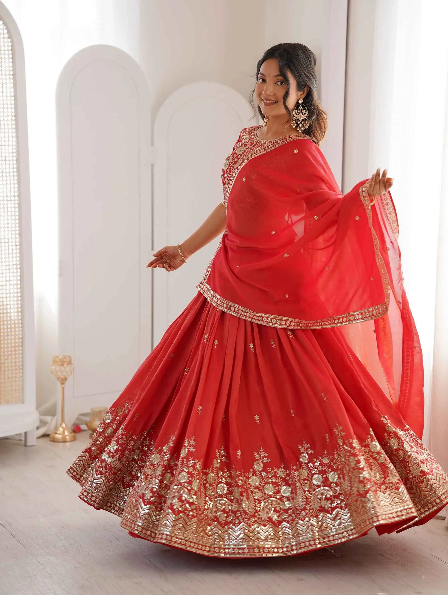 Rust Sequins Embroidery Lehenga Choli