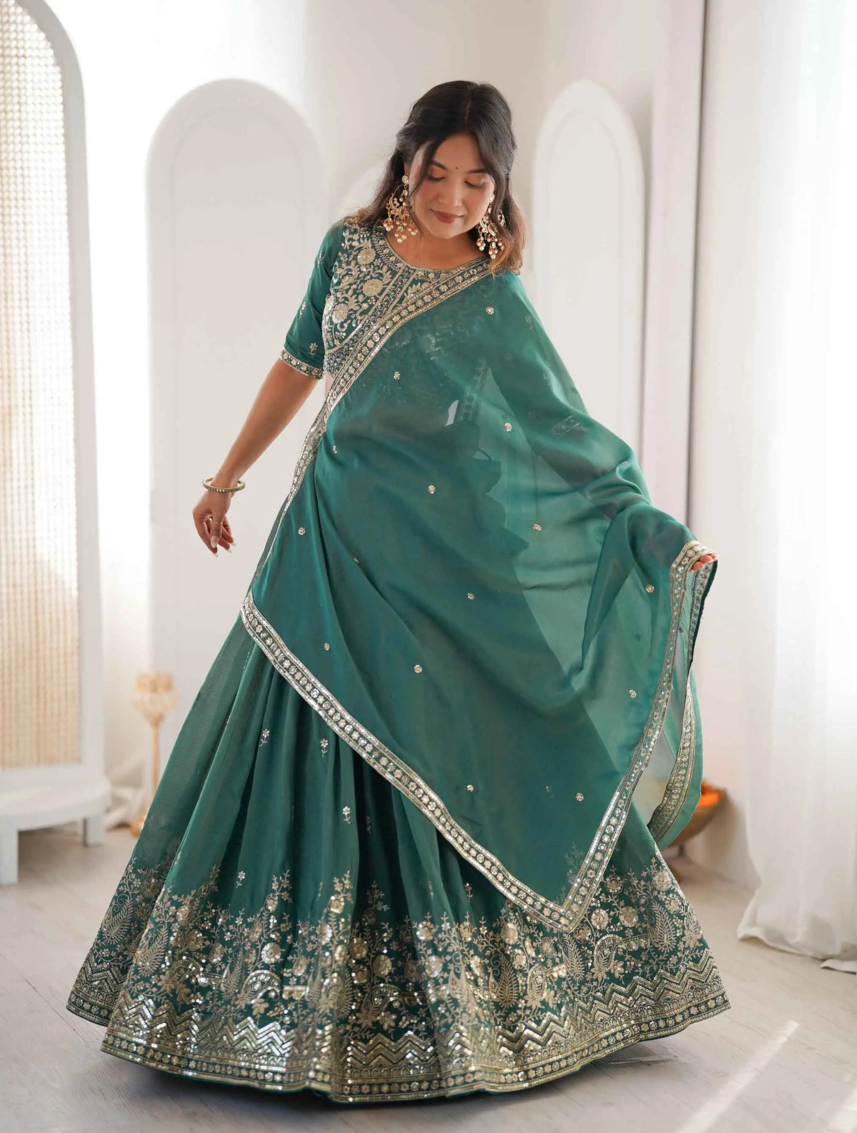 Teal Blue Sequins Embroidery Lehenga Choli