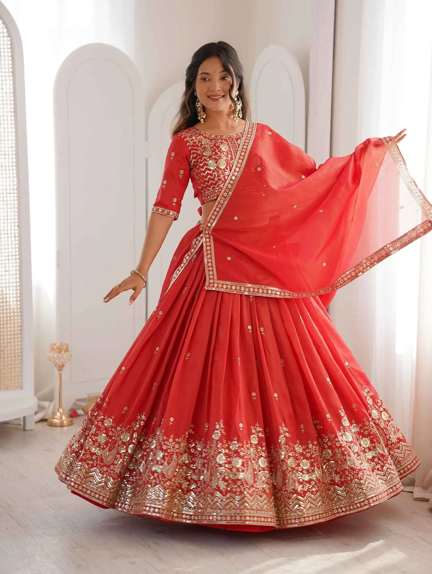 Rust Sequins Embroidery Lehenga Choli