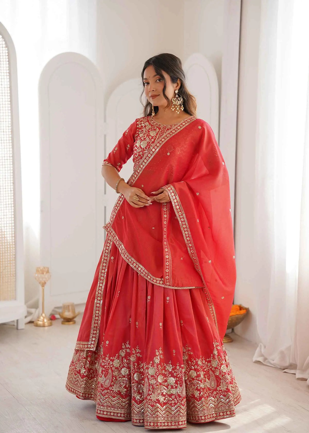 Rust Sequins Embroidery Lehenga Choli