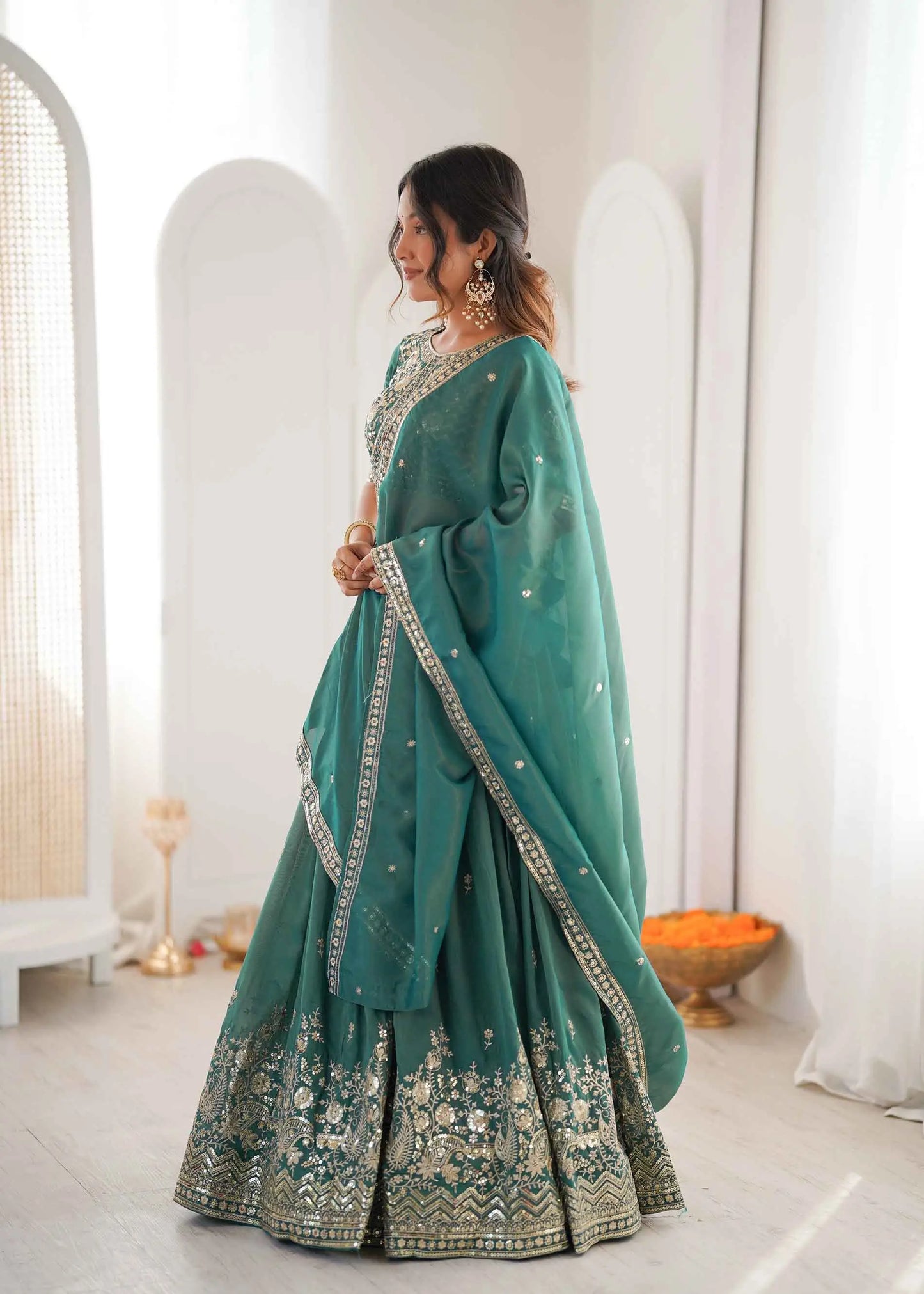 Teal Blue Sequins Embroidery Lehenga Choli