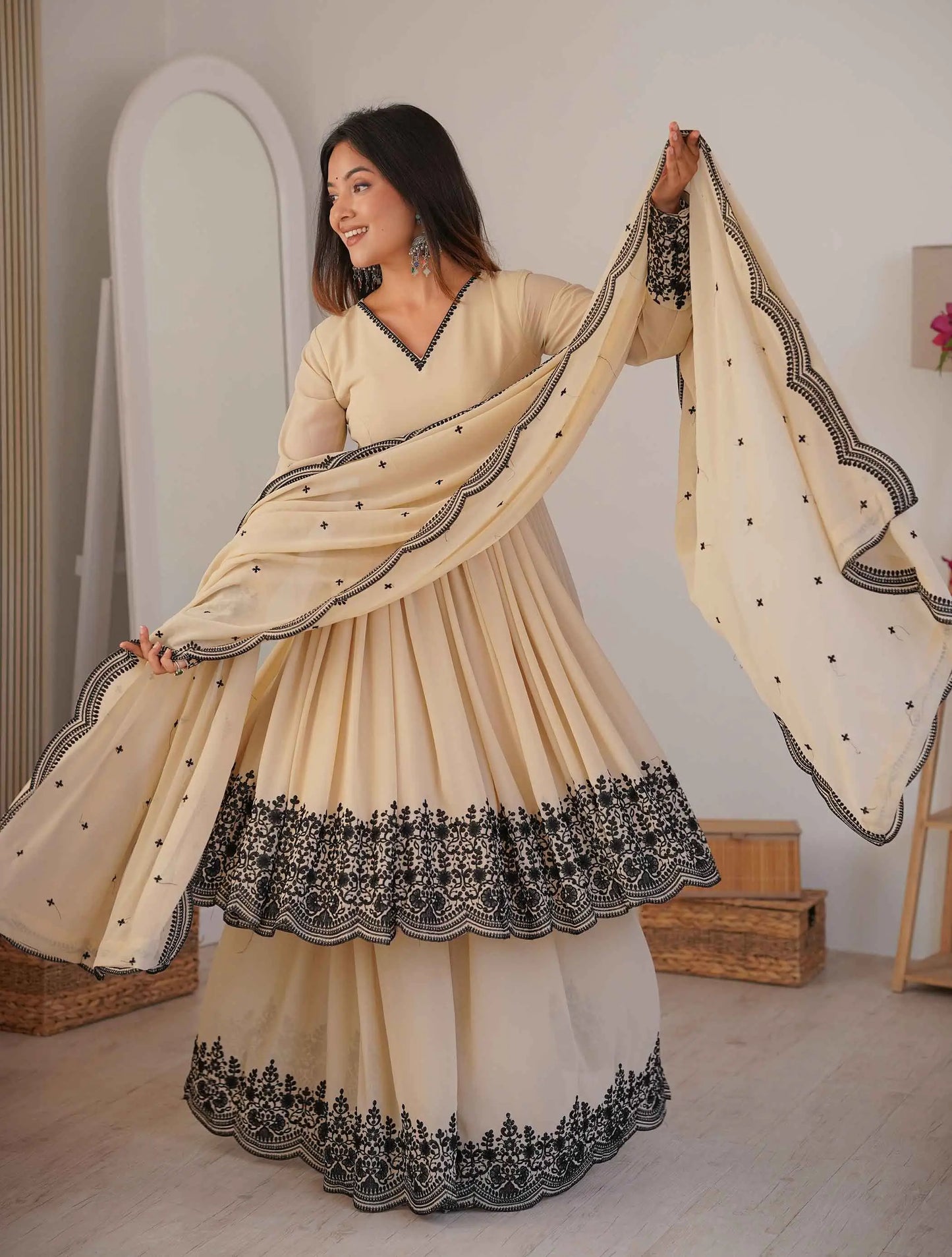 Beige Embroidery Work Sharara Set
