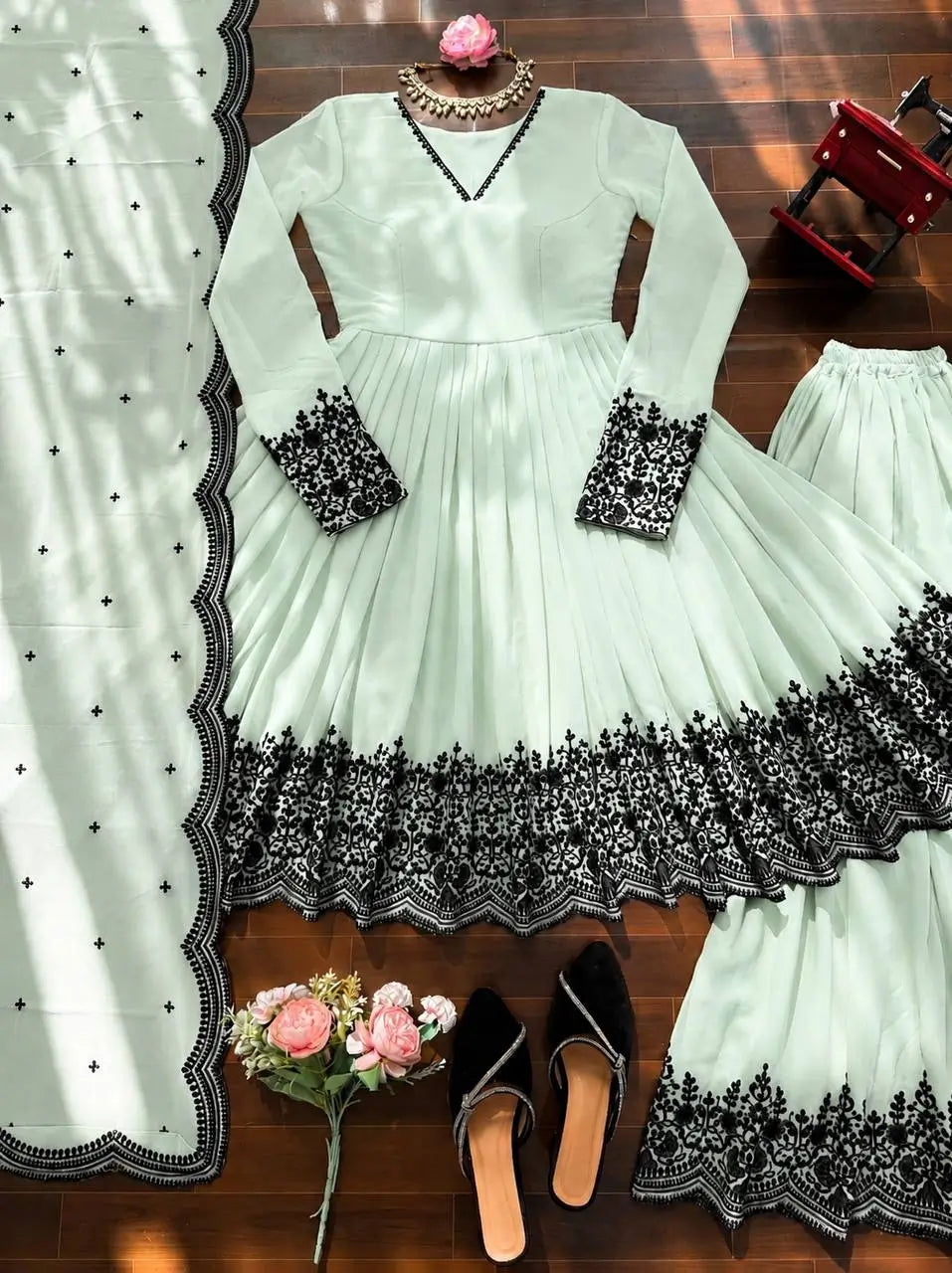 Light Pista Embroidery Work Sharara Set