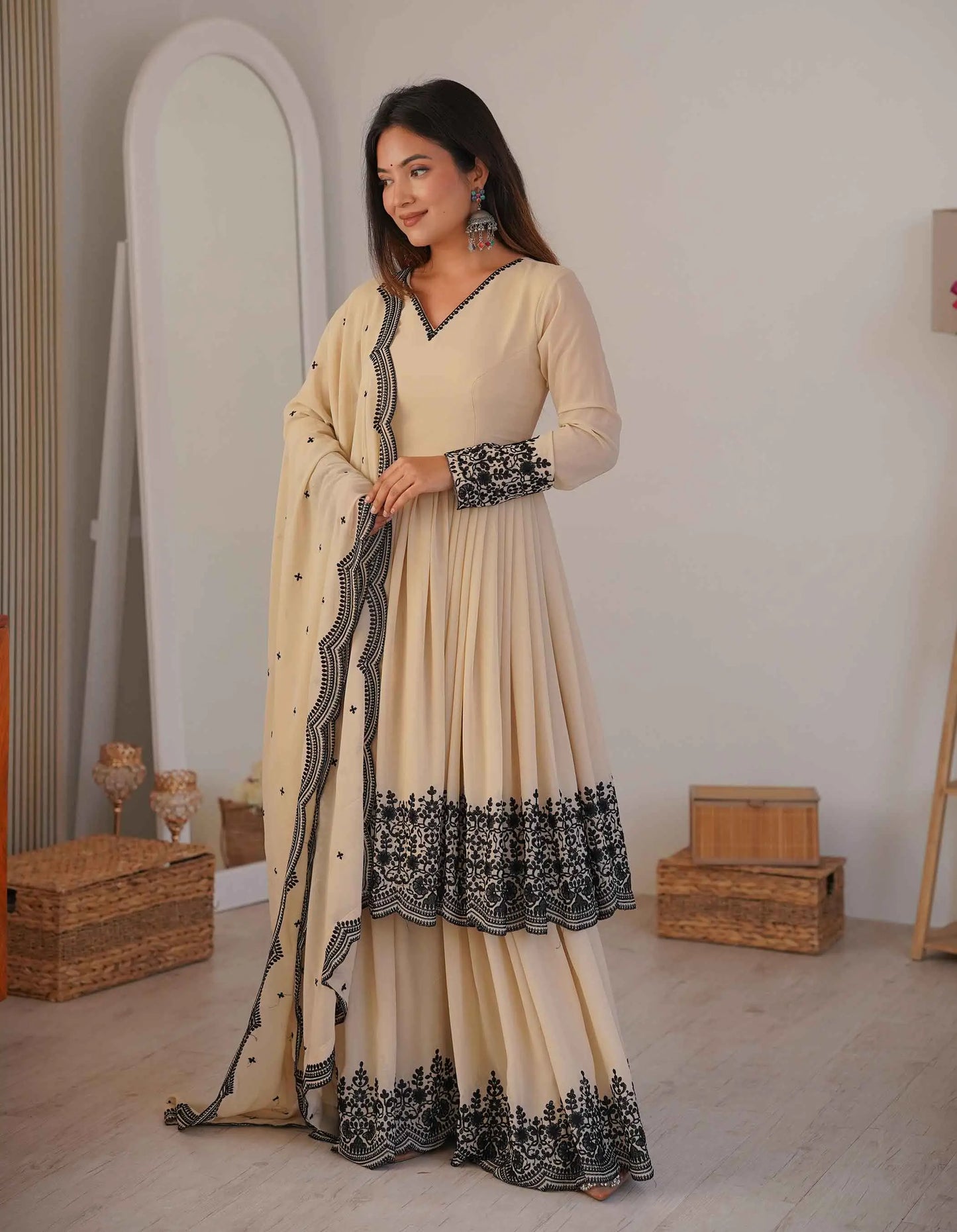 Beige Embroidery Work Sharara Set