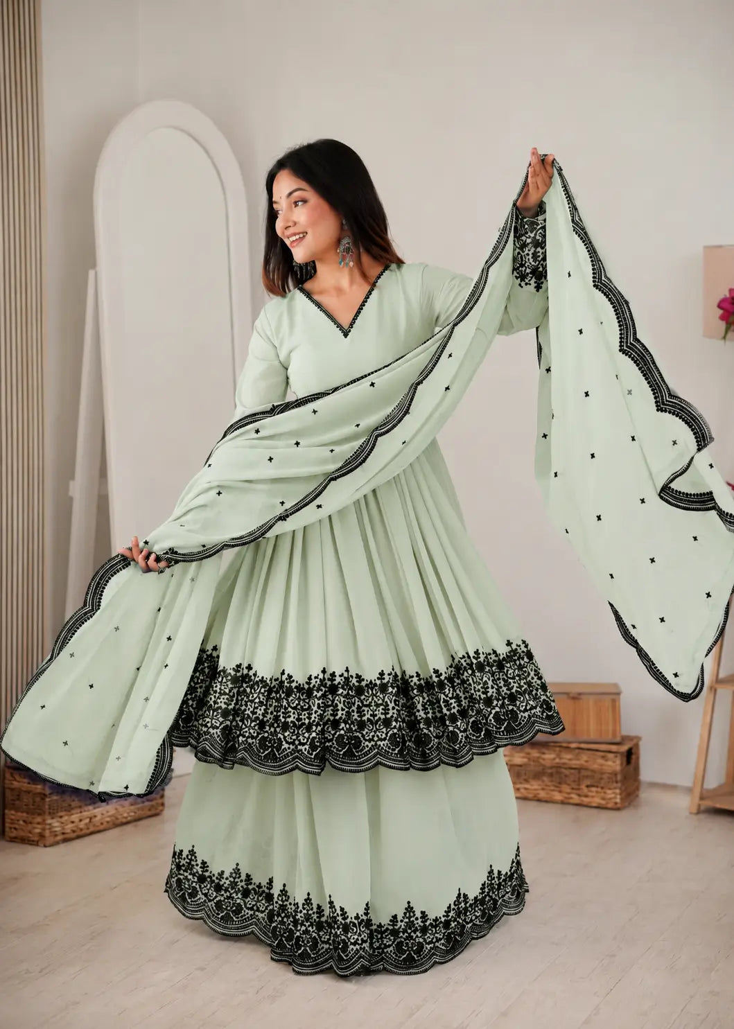 Light Pista Embroidery Work Sharara Set