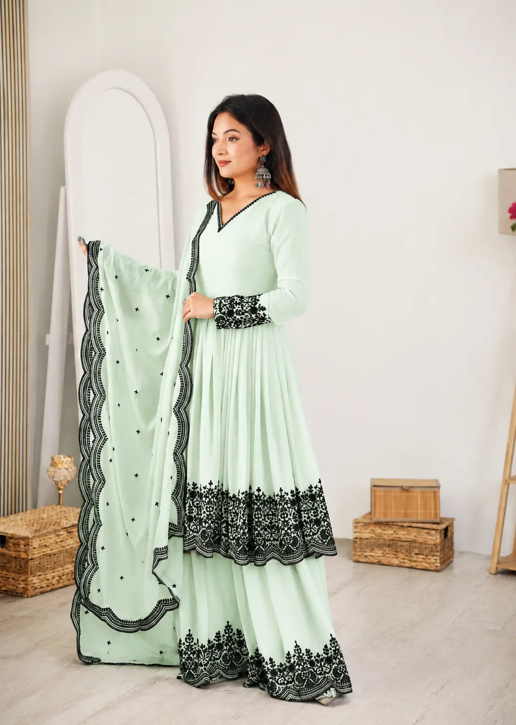 Light Pista Embroidery Work Sharara Set