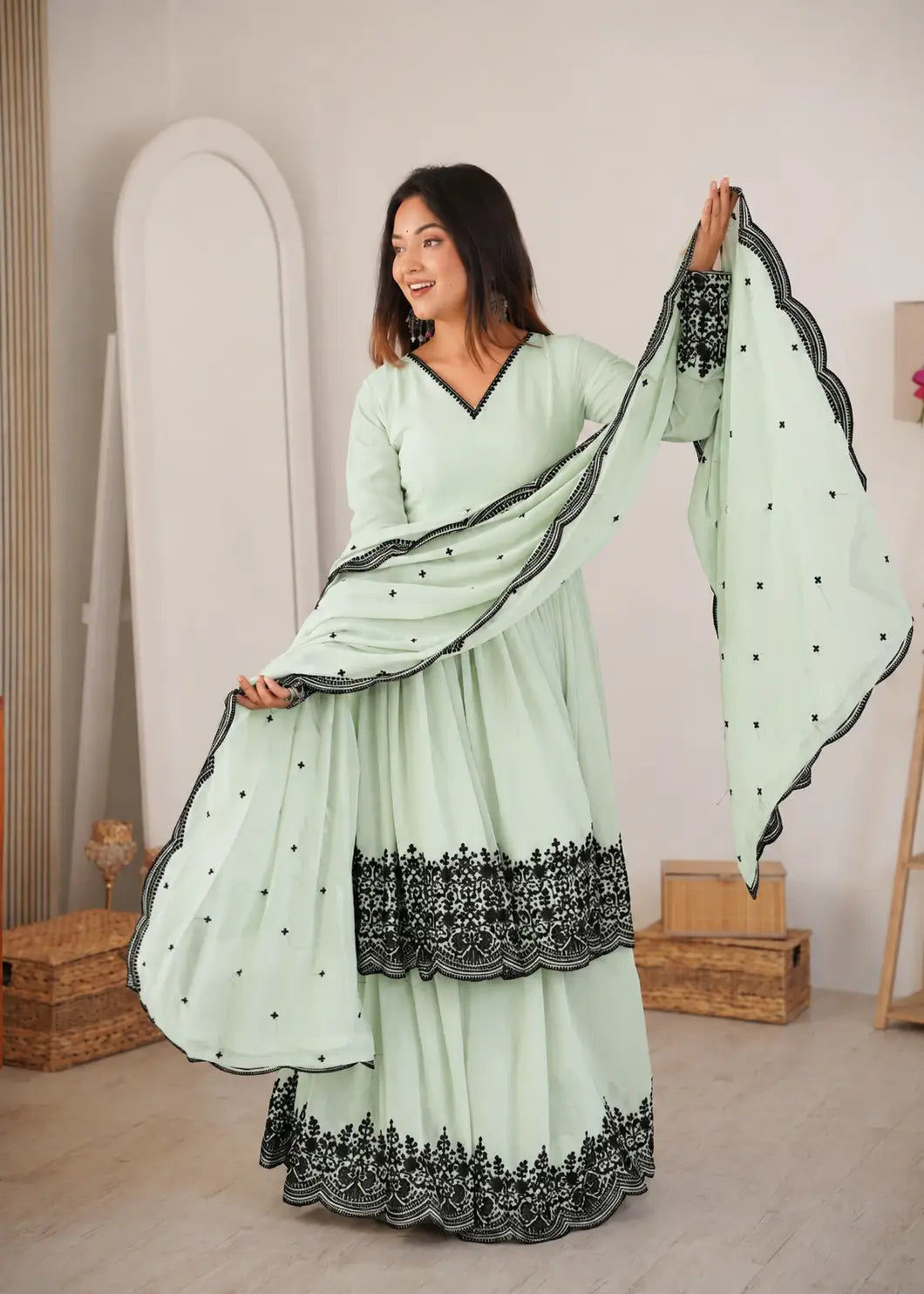Light Pista Embroidery Work Sharara Set