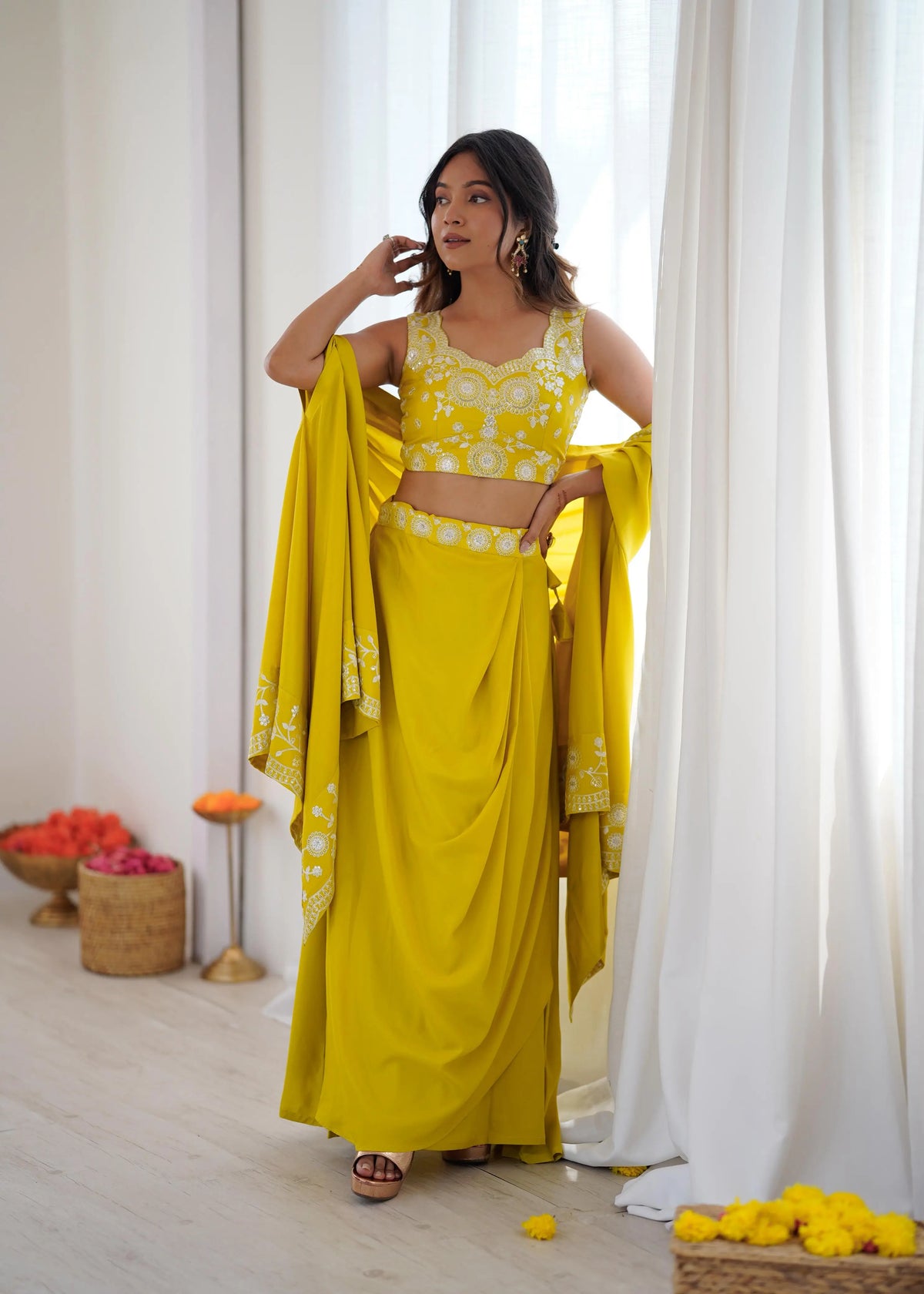 Yellow Designer Embroidered Indo Western