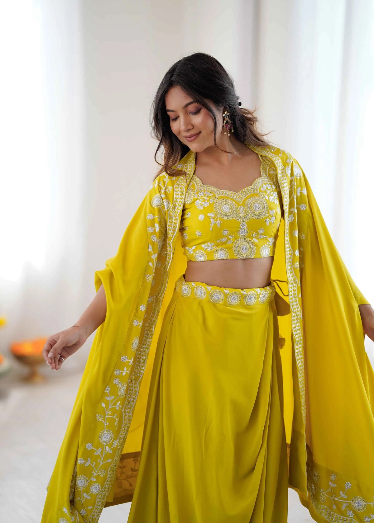 Yellow Designer Embroidered Indo Western