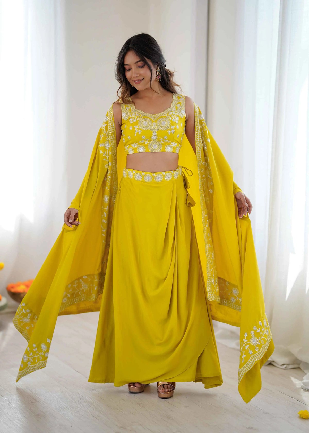 Yellow Designer Embroidered Indo Western