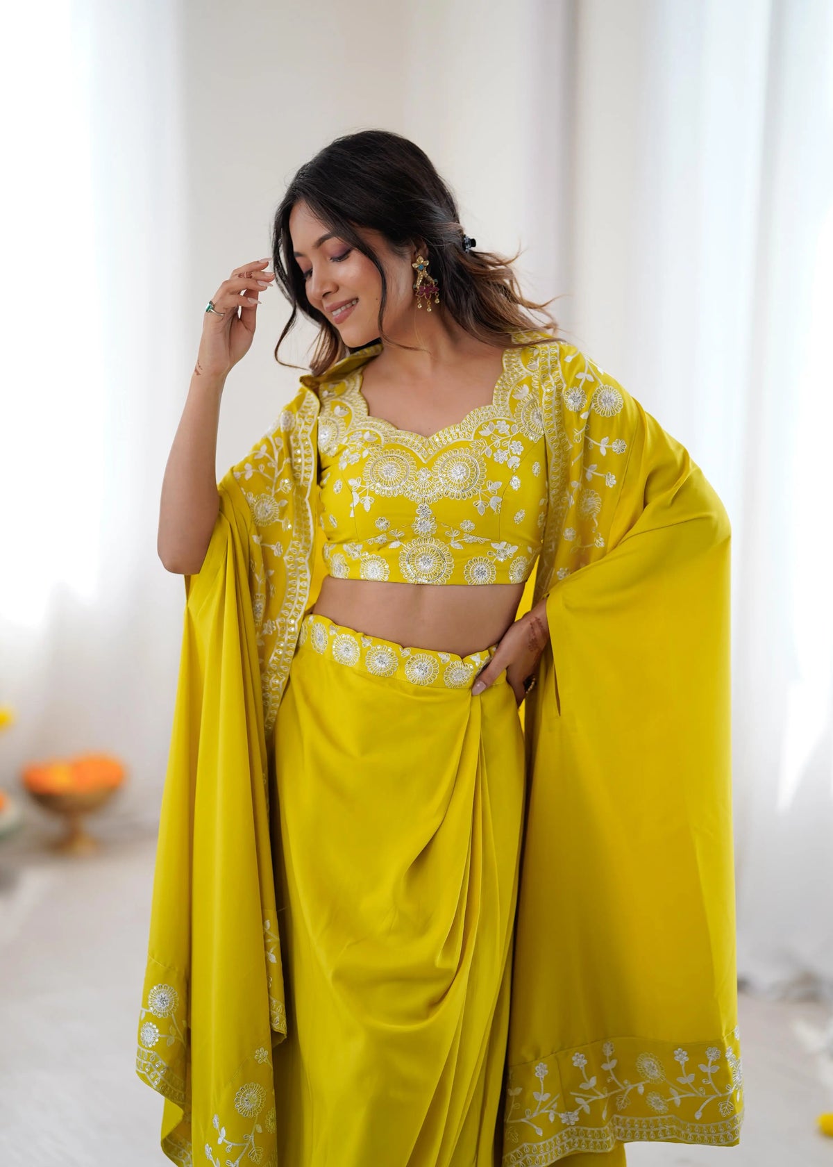 Yellow Designer Embroidered Indo Western