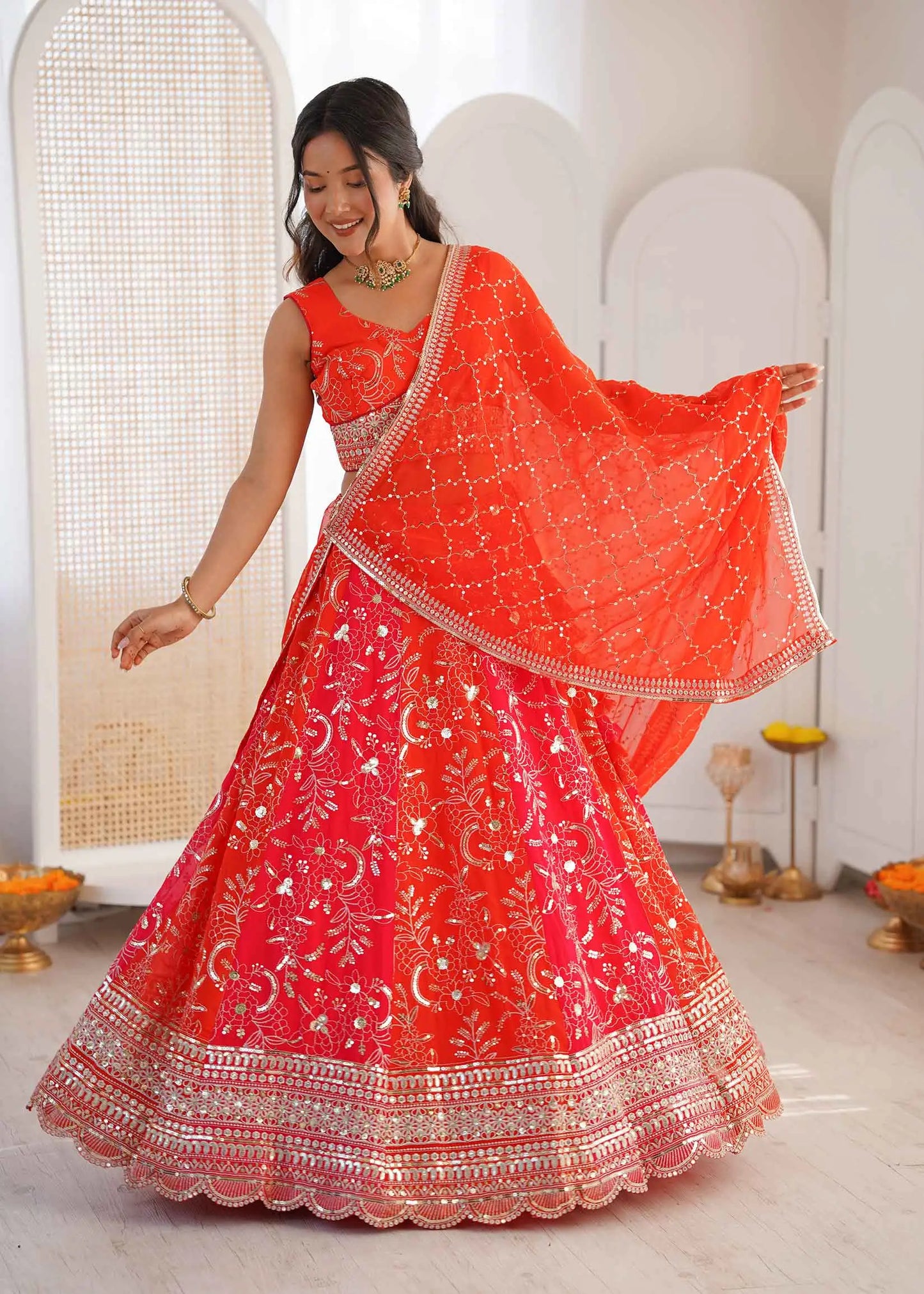 Orangey Red Sequins Embroidery Lehenga Choli