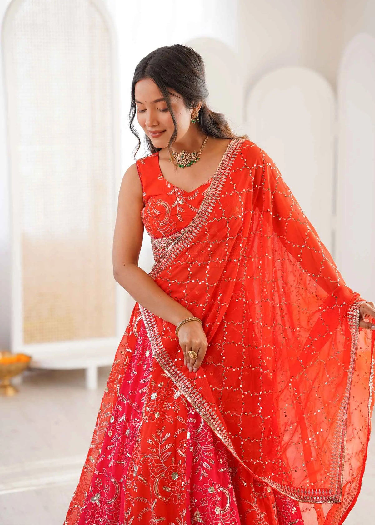 Orangey Red Sequins Embroidery Lehenga Choli
