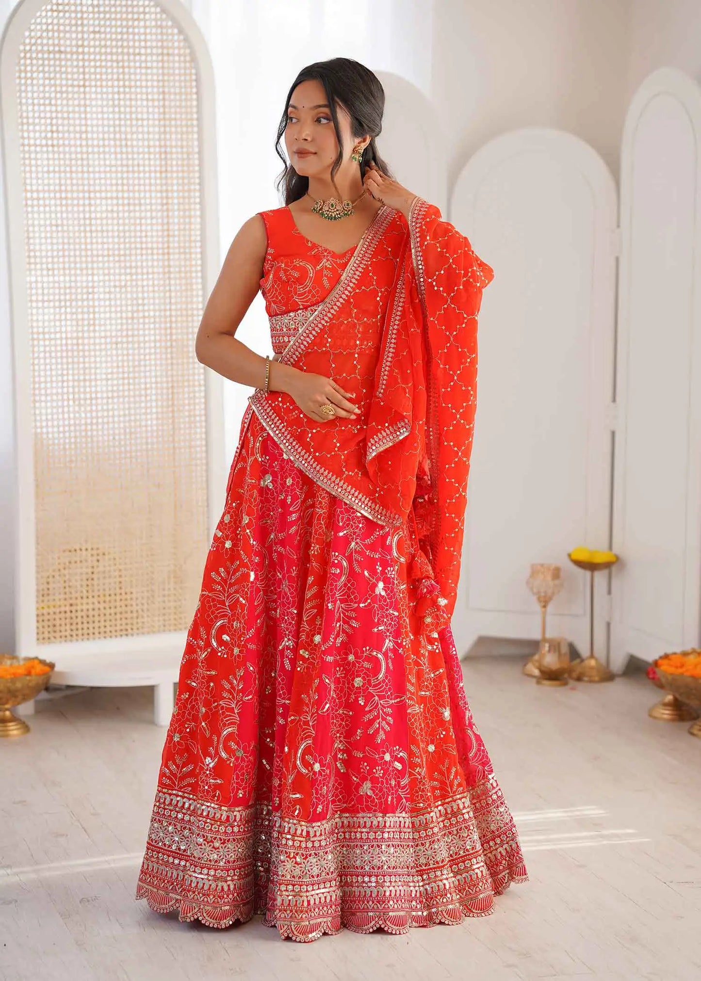 Orangey Red Sequins Embroidery Lehenga Choli