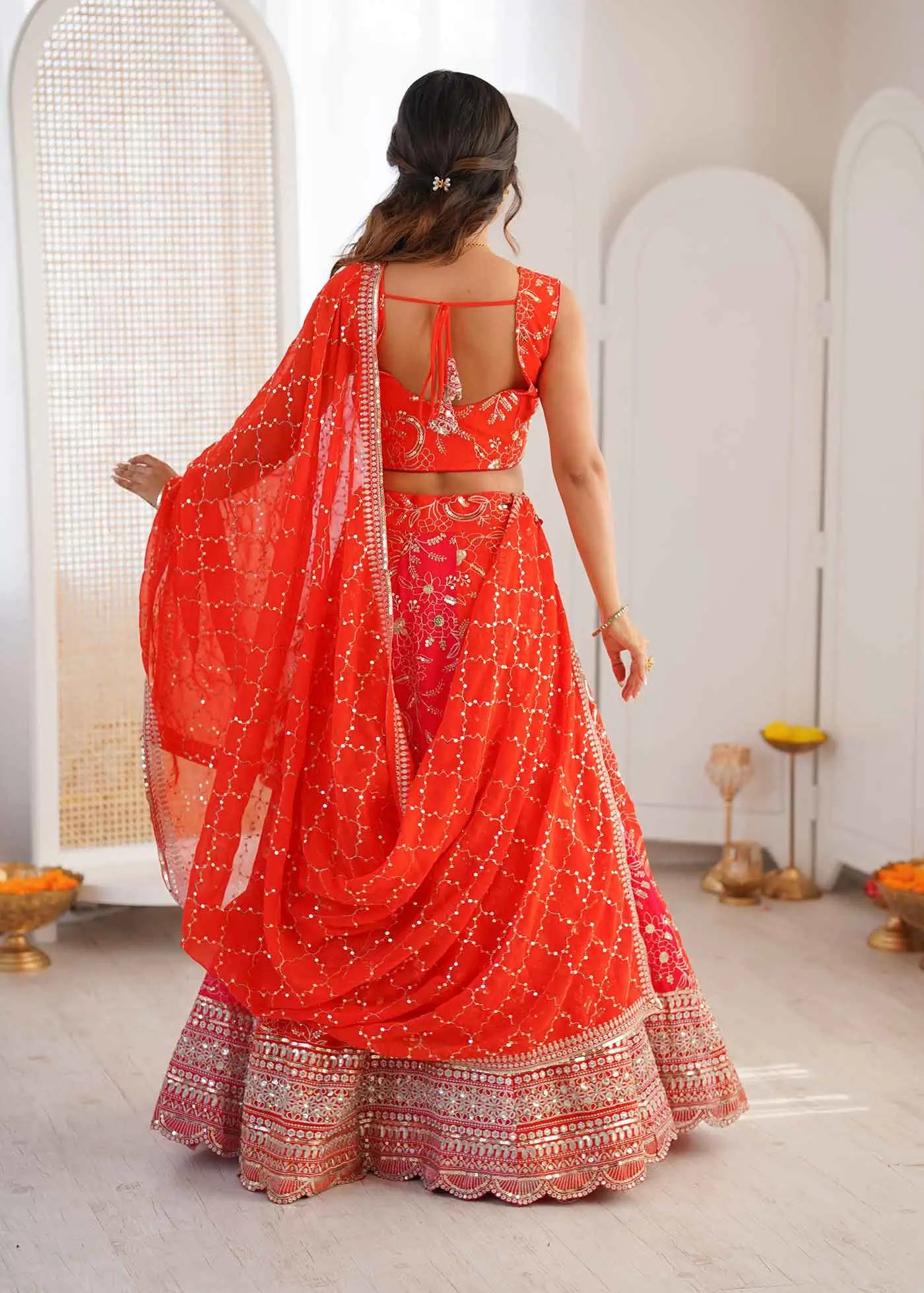 Orangey Red Sequins Embroidery Lehenga Choli