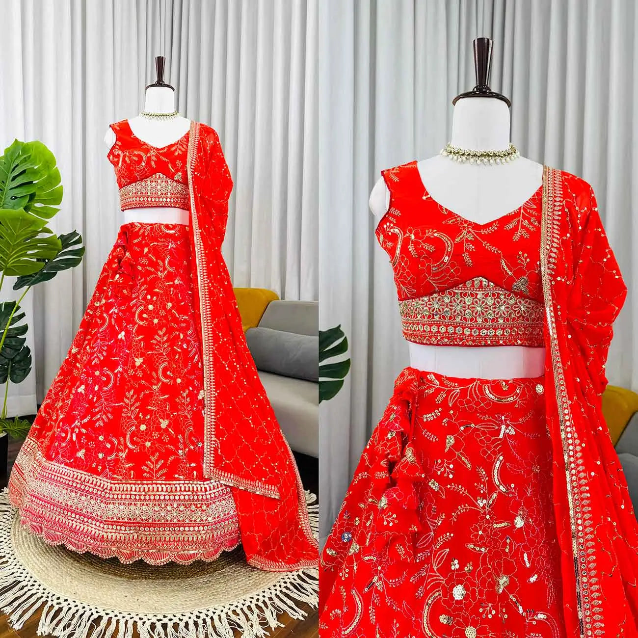 Orangey Red Sequins Embroidery Lehenga Choli