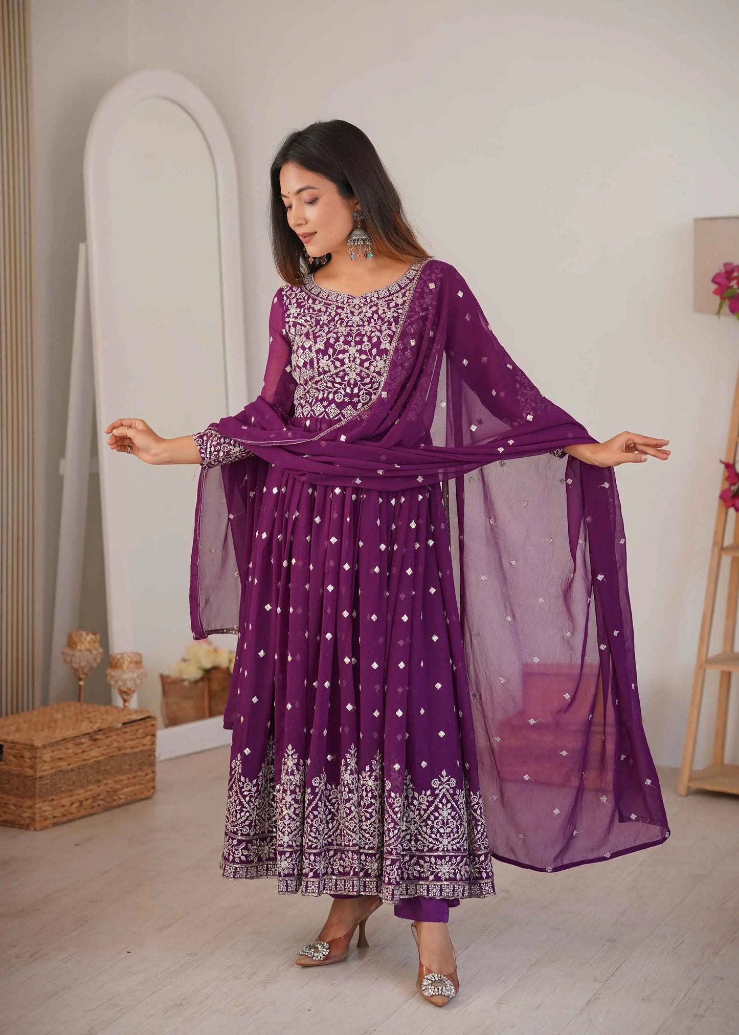 Grape Purple Georgette Embroidered Gown