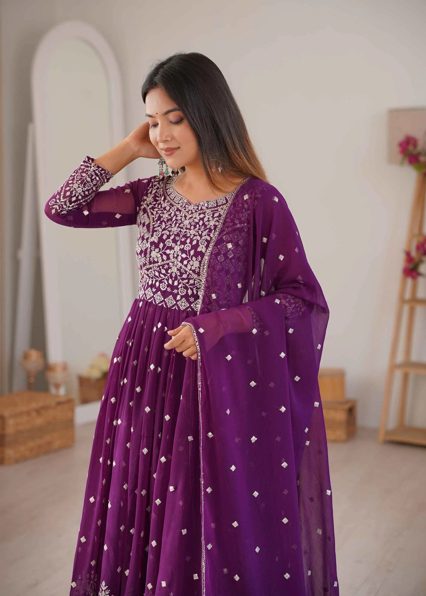 Grape Purple Georgette Embroidered Gown
