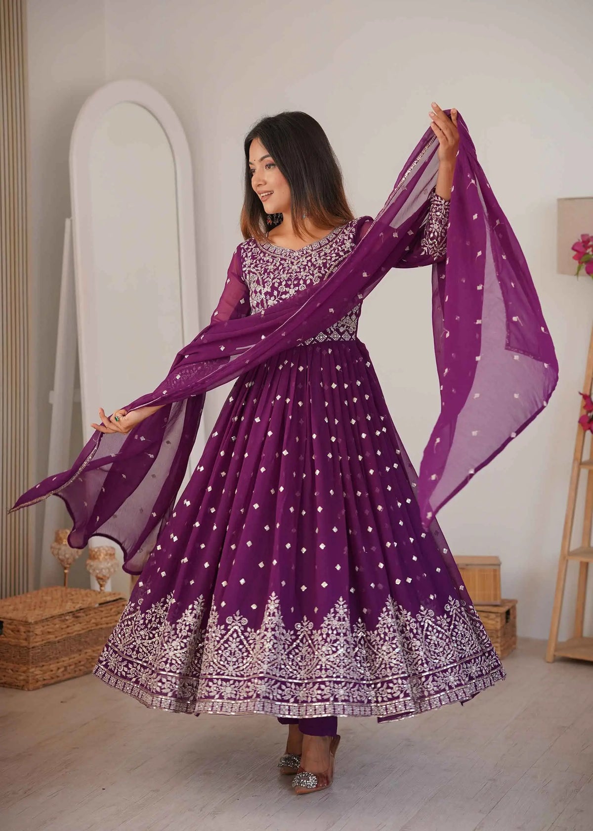 Grape Purple Georgette Embroidered Gown