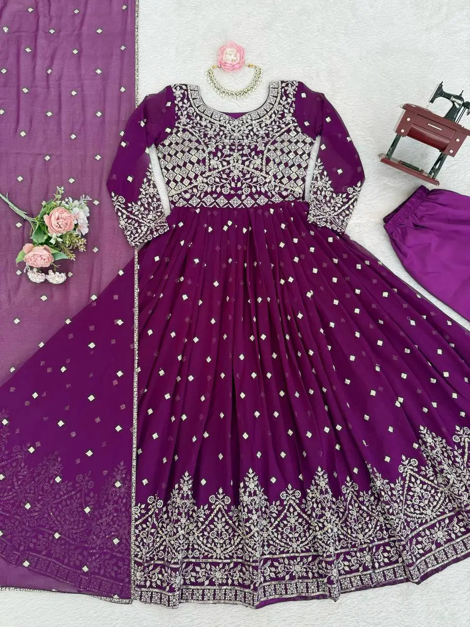 Grape Purple Georgette Embroidered Gown