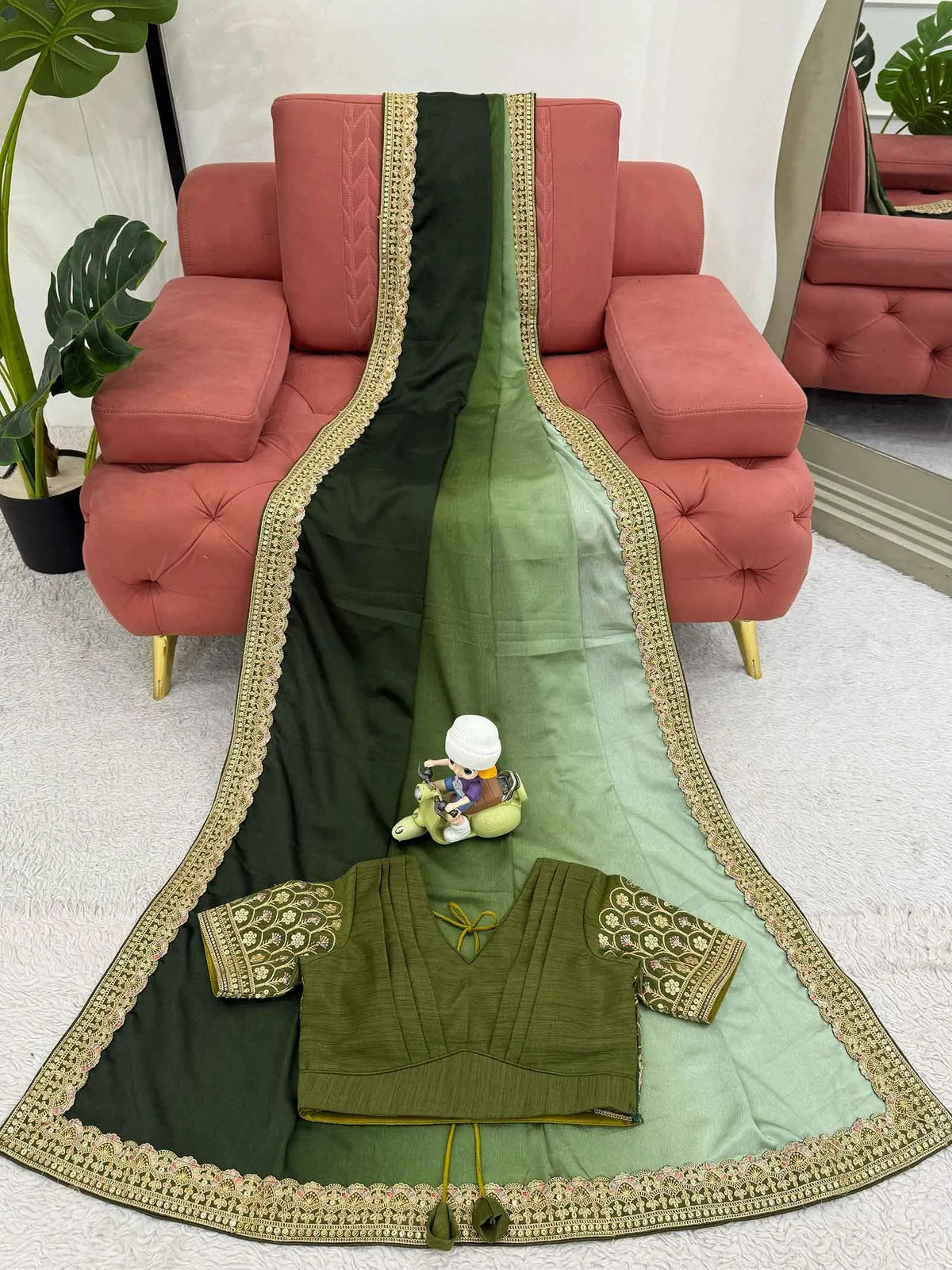 Light And Dark Green Sequins Embroidery Work Saree