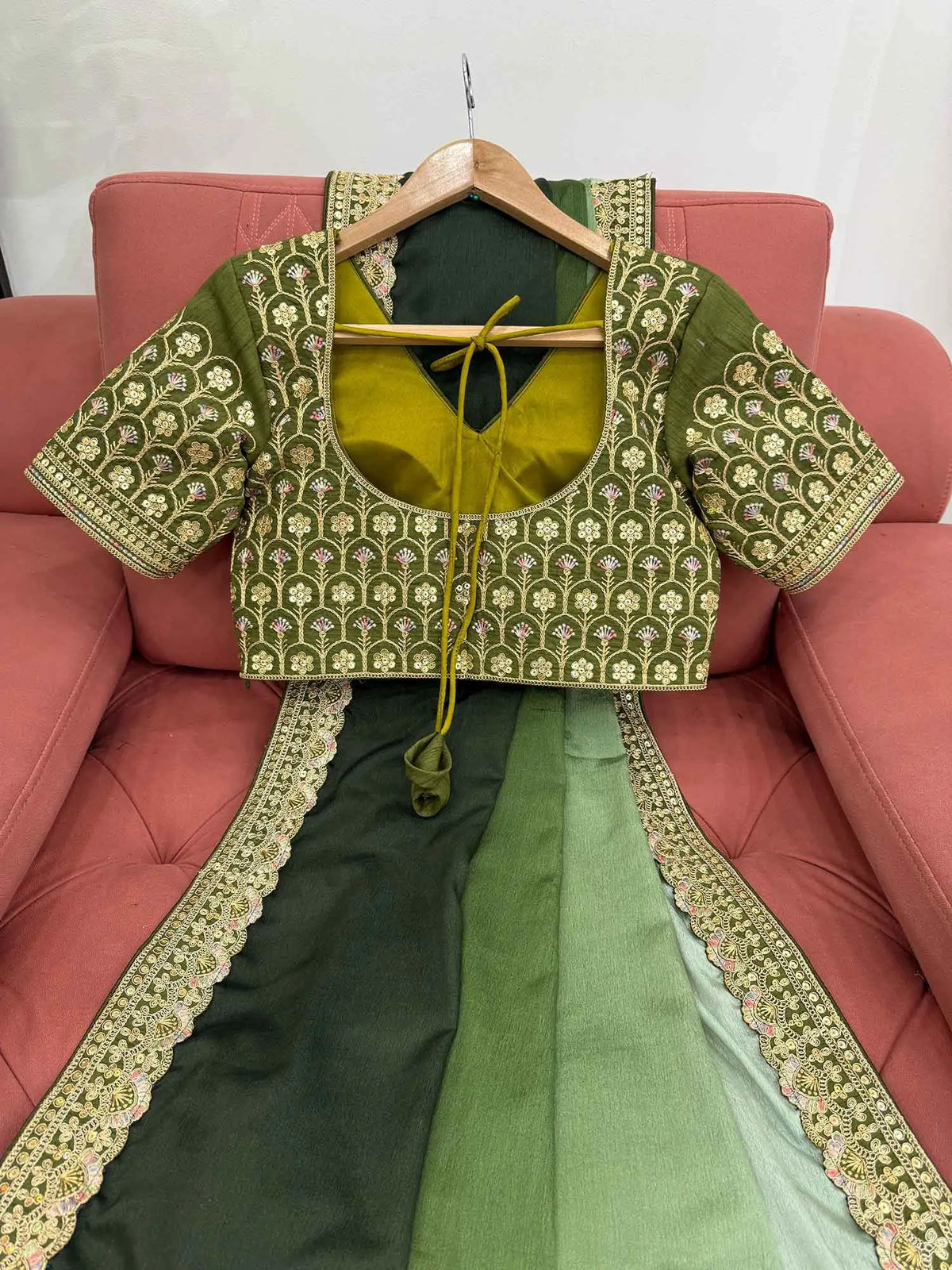Light And Dark Green Sequins Embroidery Work Saree
